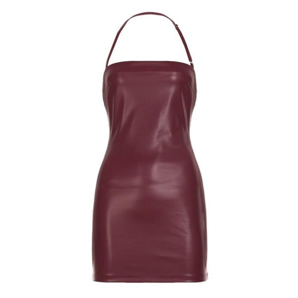 (burgundy, L) Women's Nightclub-style Halter Neck Adjustable Leather Dress Spice Sexy Halter Waist Slimming Hip Wrap Short Dress