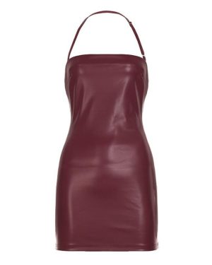 (burgundy, L) Women's Nightclub-style Halter Neck Adjustable Leather Dress Spice Sexy Halter Waist Slimming Hip Wrap Short Dress
