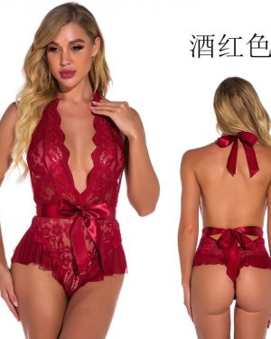 (burgundy, M) Summer New Women's Clothing Street Shot Fashion Backless Neck Tights Bow Onesie Women