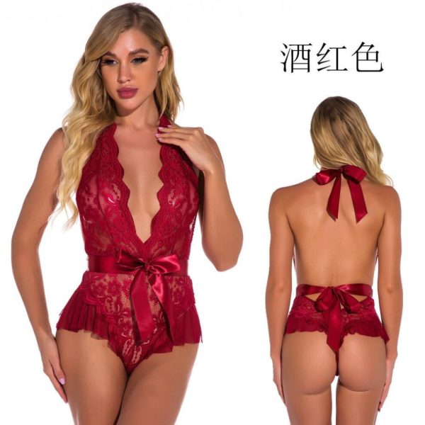(burgundy, M) Summer New Women's Clothing Street Shot Fashion Backless Neck Tights Bow Onesie Women