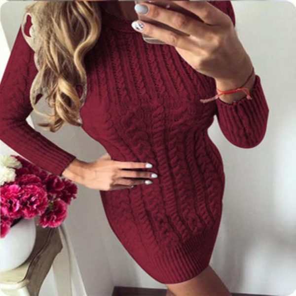(burgundy, XL) Scione Sweater Winter Warm Pullover Women Autumn Slim Knit Dress Long Sleeve Knitted Dress Pullover