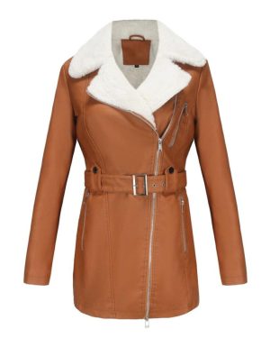 (camel, M) Women's Plush Jackets Faux Leather Pu Lapel Zipper Mid Length Warm Coat With Belt Long Sleeves Autumn Winter Outer Wear Bomber Moto Biker O
