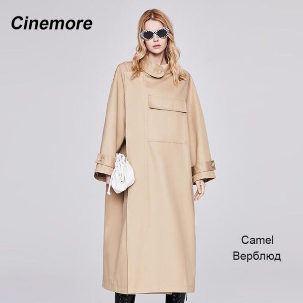 (camel, S) Cinemore Women's Windbreaker 2022 New Casual Long Trench Coat Solid Outwear Fashion Vintage Autumn Cloak Warm Loose Jacket 92222