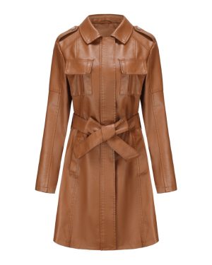(camel, S) Womens Fashion Lapel Double Breasted Lambskin Leather Mid Long Jacket Coat