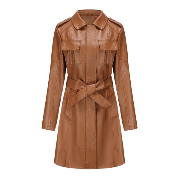 (camel, S) Womens Fashion Lapel Double Breasted Lambskin Leather Mid Long Jacket Coat