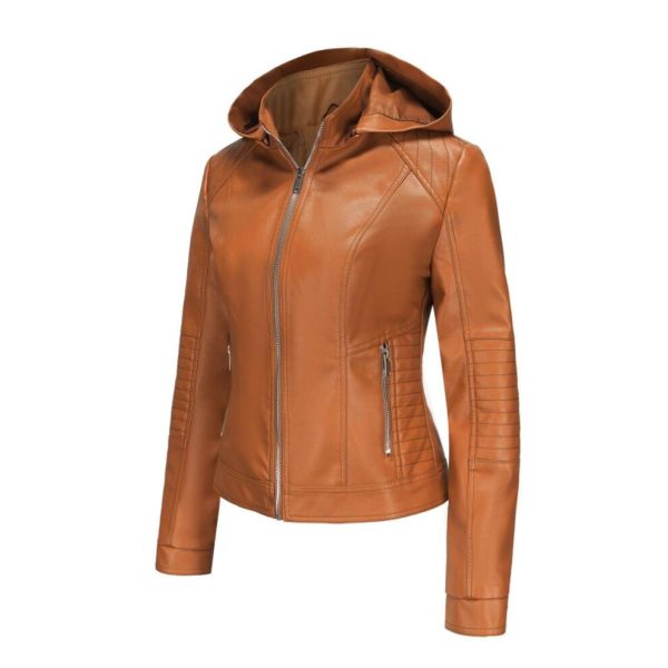(camel, XL) Women's Bomber Jackets Faux Leather Removable Hooded Short Coats Slim Pu Motorcycle Biker Outwear Spring Autumn Casual Wear