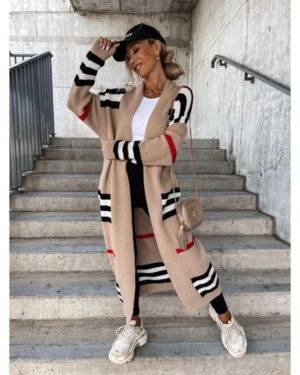 (camel, XXL) Autumn Winter Knitted Cardigan Women Striped Patchwork 2022 Elegant Loose Long Outerwear Maxi Y2k Sweater Coat Soft Jacket