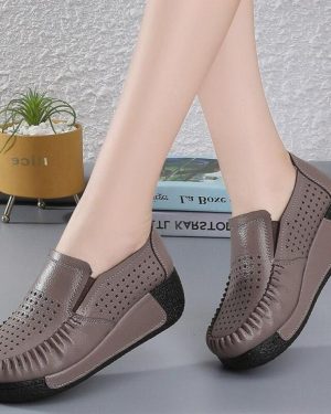 (coffee, 38) Breathable Summer Women's Shoes Flat Platform Ladies Sneakers Female Hollows Cow Suede Leather Woman Loafers Wedges Slip On Shoe