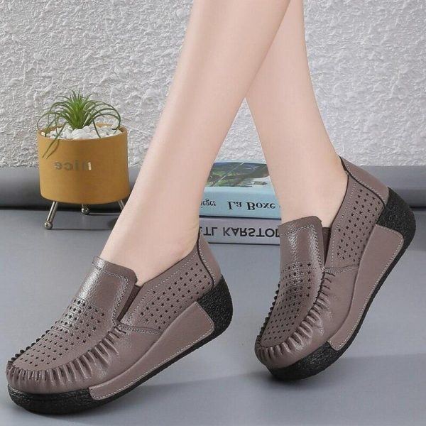 (coffee, 38) Breathable Summer Women's Shoes Flat Platform Ladies Sneakers Female Hollows Cow Suede Leather Woman Loafers Wedges Slip On Shoe