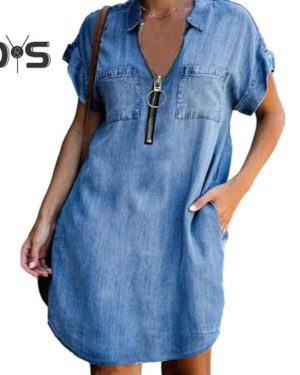 (dark blue, L) Women Mini Dress Zipper Decor Lapel Short Sleeves Patch Pockets Irregular Hem Solid Color Loose Above Knee Length Casual Lady Summer Dr