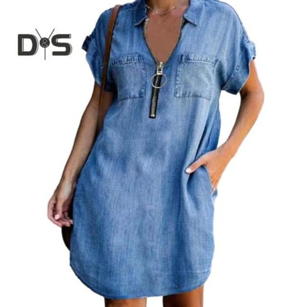 (dark blue, L) Women Mini Dress Zipper Decor Lapel Short Sleeves Patch Pockets Irregular Hem Solid Color Loose Above Knee Length Casual Lady Summer Dr