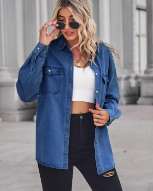 (dark blue, S) Yyfs Women's Fashion Denim Autumn And Winter Long Sleeve Polo Neck Casual Lapel Top Jacket