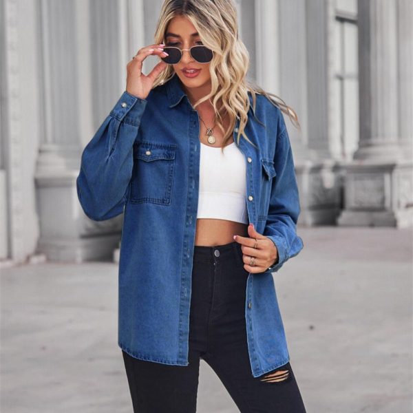 (dark blue, S) Yyfs Women's Fashion Denim Autumn And Winter Long Sleeve Polo Neck Casual Lapel Top Jacket