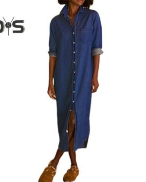 (dark blue, XL) Women's Casual Denim Shirt Dress Roll Up Long Sleeve Button Down Maxi Dress Lapel Long Shift Jean Dress
