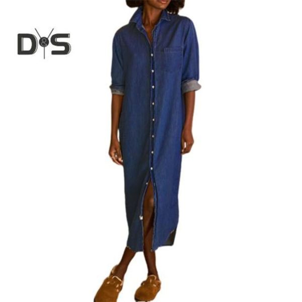 (dark blue, XL) Women's Casual Denim Shirt Dress Roll Up Long Sleeve Button Down Maxi Dress Lapel Long Shift Jean Dress