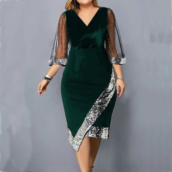 (dark green, S) 2025 New Golden Velvet Irregular Sequins Perspective Mesh Women's Dress