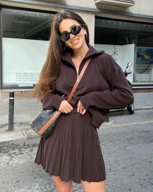 (dark red, Medium) "celebrity-inspired High-end Half-zip Two-piece Suit & Pleated Skirt For Women - Spring/autumn"
