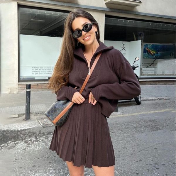 (dark red, Medium) "celebrity-inspired High-end Half-zip Two-piece Suit & Pleated Skirt For Women - Spring/autumn"