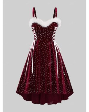 (deep,red, 4XL) Rosegal Plus Size Christmas Glitter Pentagram Stamping Lace Up Fuzzy Trim Ruched High Low Velvet Tank Party Dress