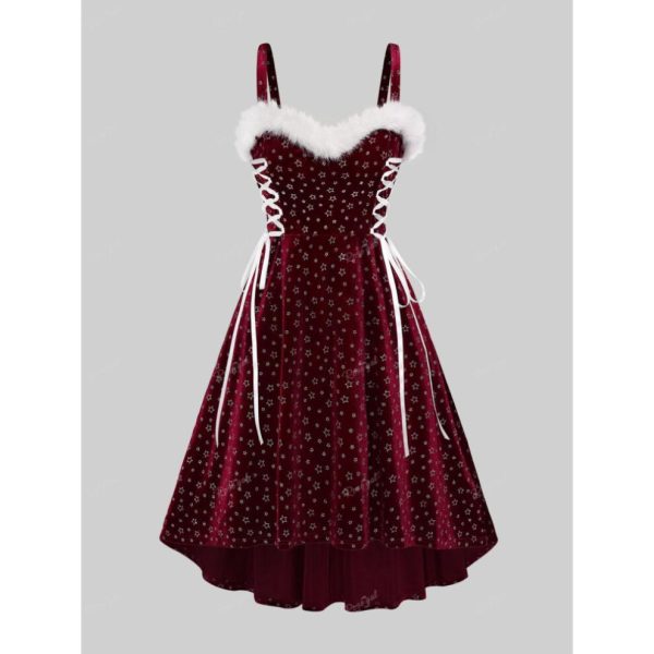 (deep,red, 4XL) Rosegal Plus Size Christmas Glitter Pentagram Stamping Lace Up Fuzzy Trim Ruched High Low Velvet Tank Party Dress