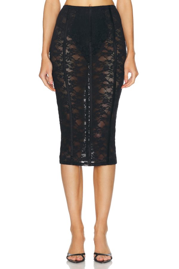 fleur du mal Le Stretch Lace Pencil Skirt in Black - Black. Size M (also in S, XS).