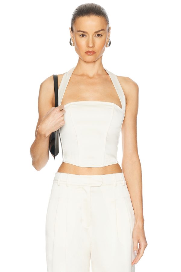 fleur du mal Satin Halter Corset Top in Vanilla - Ivory. Size 4 (also in 6, 8).
