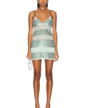 fleur du mal Sequin Stripe Mini V Neck Slip Dress in Jade Sequin Stripe - Mint. Size L (also in XS).