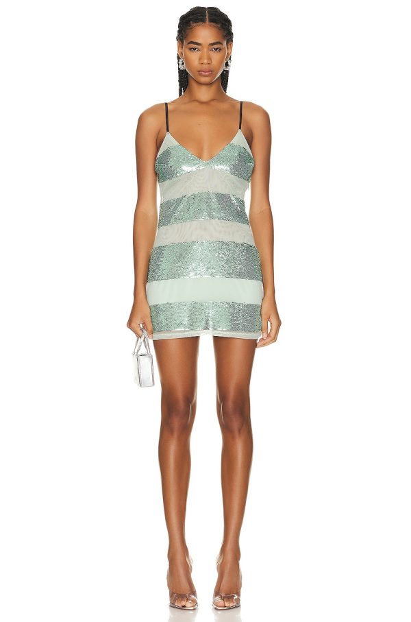 fleur du mal Sequin Stripe Mini V Neck Slip Dress in Jade Sequin Stripe - Mint. Size L (also in XS).