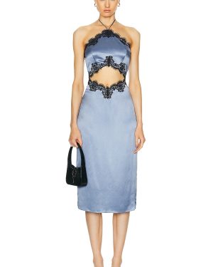 fleur du mal Silk And Lace Halter Dress in Denim - Blue. Size L (also in ).