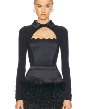 fleur du mal Stretch Satin Long Sleeve Bodysuit in Black - Black. Size L (also in M, S).
