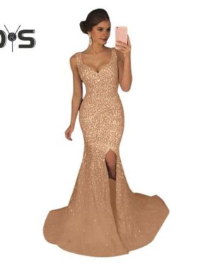 (golden, M) Women Evening Dress Deep V Neck Split Hem Sequin Skinny Fishtail Hem Back Zipper Closure Sleeveless Prom Cocktail Party Dress Floor Length