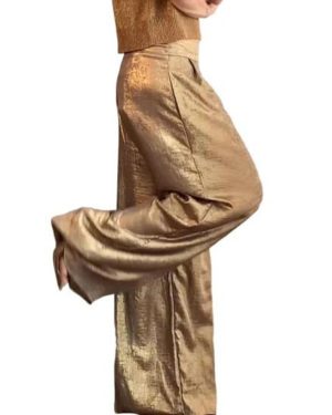 (golden, M) Women Long Elastic High Waist Casual Trousers Metallic Color Wide-leg Pants Office Party Work Leisure Pants