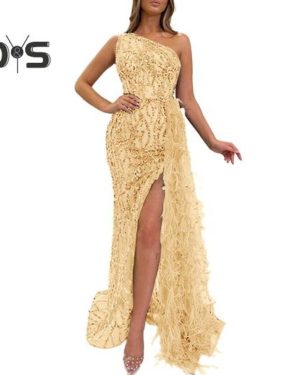 (golden, XL) Women Evening Dress One Shoulder Sleeveless Shiny Sequin Padded Feather Decor High Split Solid Color Slim Fit Tight High Waist Floor Leng