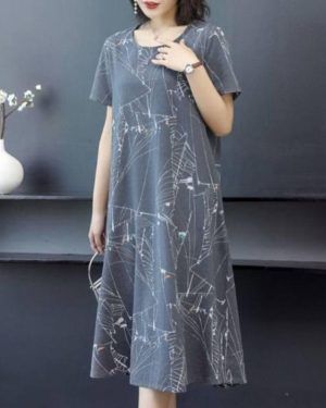 (gray, M) Women's Retro Ethnic Style Printed Ice Silk Dress - Loose, Large Size, Slim Fit, Short-sleeved A-line Skirt For Middle-aged And Elderly (201