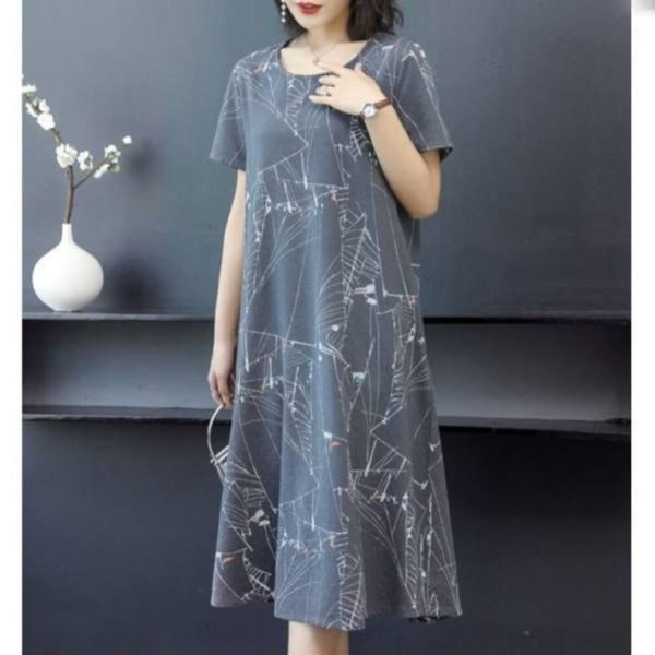(gray, M) Women's Retro Ethnic Style Printed Ice Silk Dress - Loose, Large Size, Slim Fit, Short-sleeved A-line Skirt For Middle-aged And Elderly (201