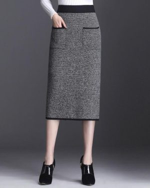 (gray, S) Autumn Winter Women's Midi Knitted Skirt Female Skirt High Waist Thicken Pockets Slim One Step Hip Skirt