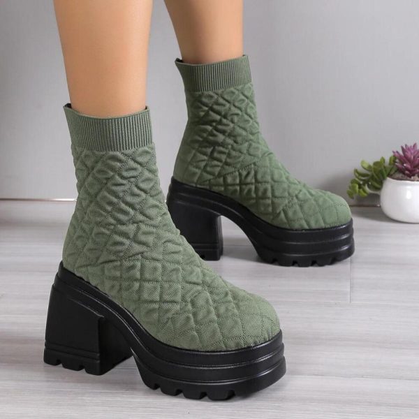 (green, 37) Women Knitting Chunky Boots Winter Stretch Sock Boots 2024 New Woman Autumn Fashion Platform Slip On Square Heel Botas De Mujer
