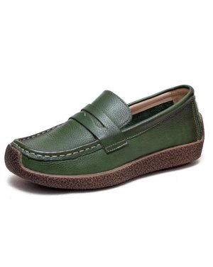 (green, 40) Johnature Retro Women Genuine Leather Flats Shoes Handmade Shallow Soft Sole Casual Round Toe Loafers