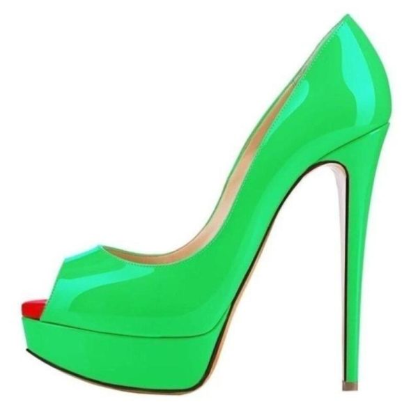 (green, 43) LOSLANDIFEN Sexy Peep Toe Platform Women Pumps 14cm Super High Patent Leather Heels Shoes Red Wedding Stilettos Large Size 43 44