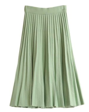 (green, One Size) Autumn Winter Knitted Midi Long Pleated Skirt Za Women Korean Style Blue Mid-length High Waist Skirt Female