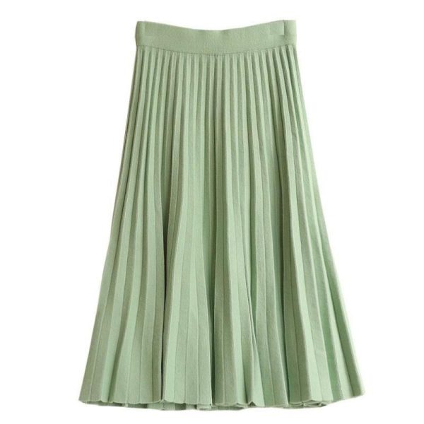(green, One Size) Autumn Winter Knitted Midi Long Pleated Skirt Za Women Korean Style Blue Mid-length High Waist Skirt Female