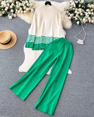 (green, One Size) Fall Winter Women Turtleneck Long Sleeve Striped Knitted Pullover Tops + Wide-leg Pants Suits Two Piece Set Womens Outfits