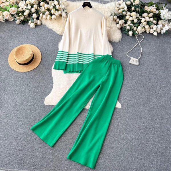 (green, One Size) Fall Winter Women Turtleneck Long Sleeve Striped Knitted Pullover Tops + Wide-leg Pants Suits Two Piece Set Womens Outfits