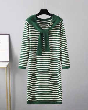 (green, OneSize) Autumn Winter Stripe Slimlong Sleeve Knitted Shirt Shawl Temperament Sweater Dress Women's