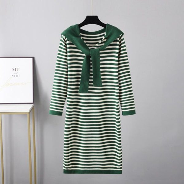 (green, OneSize) Autumn Winter Stripe Slimlong Sleeve Knitted Shirt Shawl Temperament Sweater Dress Women's