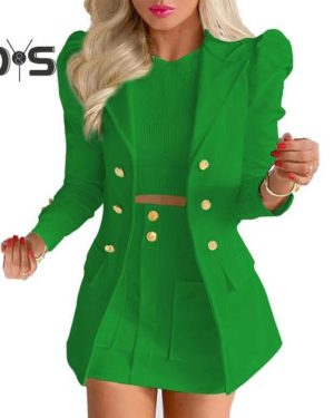 (green, S) 2 Pcs/set Women Coat Skirt Set Formal Business Style Plaid Print Turn-down Collar Mid Length Jacket High Waist A-line Mini Skirt Commuting