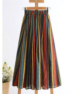 (green, S) Qooth Spring Summer Women High-waisted Colorful Stripe A-line Skirt Vintage Midi A-line Long Skirt With Big Swing Qt1718