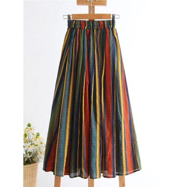 (green, S) Qooth Spring Summer Women High-waisted Colorful Stripe A-line Skirt Vintage Midi A-line Long Skirt With Big Swing Qt1718