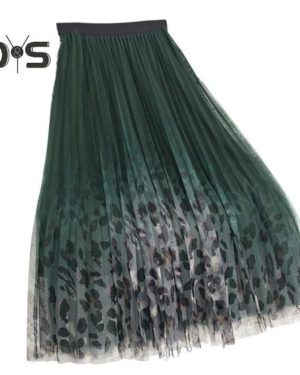 (green) Women Midi Skirt Elastic High Waist A-line Skirt Leopard Print Mesh Yarn Autumn Winter Skirt Loose Fit Pleated Skirt