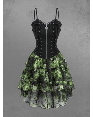 (green, XL) Rosegal Gothic Floral Leaf Printed Lace Up Butterfly Zipper Lace-trim Layered High Low Asymmetric Cami Dress